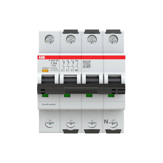 Ein dreipoliger Leistungsschalter mit roten Akzenten, Produktkennzeichnungen und technischen Spezifikationen. Modell: S303P-NAB, 20 A.