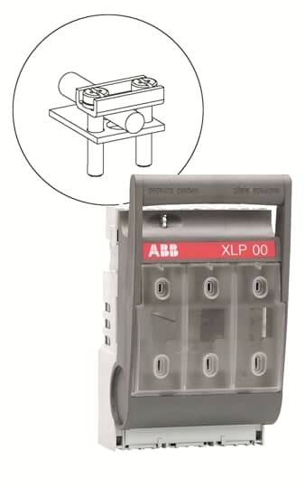 Ein elektrisches Gerät mit rotem Label 'ABB XLP 00', transparentem Gehäuse und grafischer Erklärung zu Montage oben links.