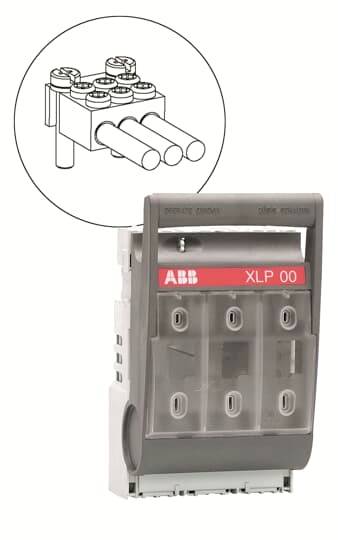 Ein schwarzer elektrischer Leistungsschalter mit rotem Etikett 'XLP 00'. Eine schematische Zeichnung zeigt den Anschlussmechanismus.
