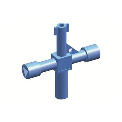 3D-Modell eines blauen Bauteils mit zylindrischen und rechteckigen Elementen in Kreuzform. Geeignet für Maschinenbau oder Technik.