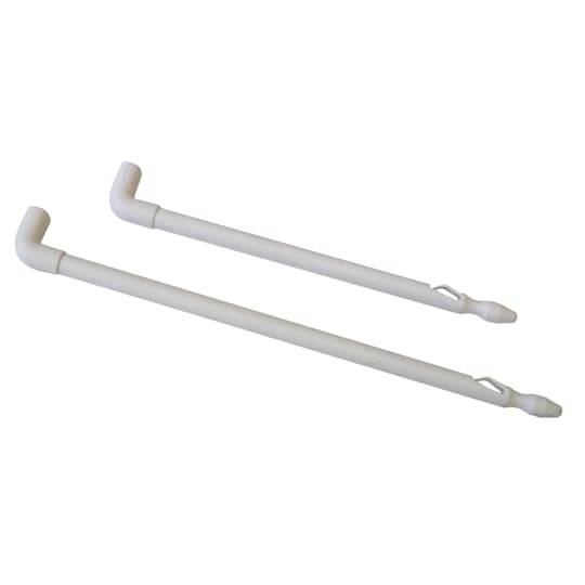 Zwei weiße, L-förmige Kunststoffstäbe unterschiedlicher Länge, wahrscheinlich zum Aufhängen oder zur Unterstützung leichter Strukturen.