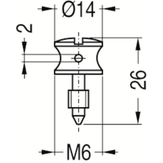 Technische Zeichnung eines Bauteils: Gesamthöhe 26 mm, Durchmesser 14 mm, Gewinde M6, vertikale Bohrung mit Schraubenkopf.