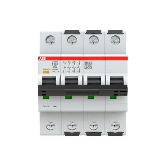 Leistungsschalter von ABB, Modell S202P-Z25A, für elektrische Anlagen, mit mehreren Schaltern und Schraubanschlüssen, Frontansicht.