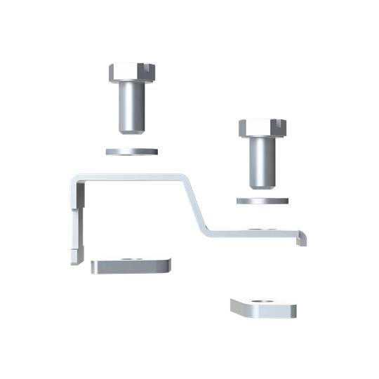 Einzelteile eines Montage-Sets für Solarpanels, bestehend aus zwei Bolzen, zwei Muttern, zwei Unterlegscheiben und einer Halterung.