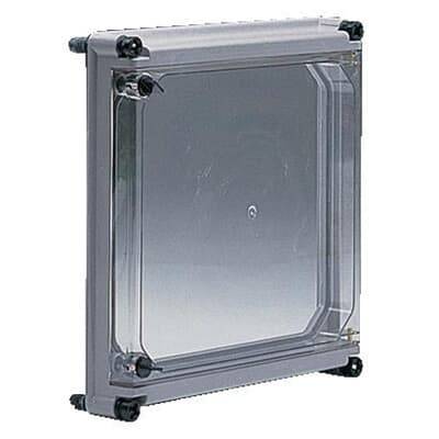 Transparente Kunststoffbox mit abnehmbarem Deckel, verstärkten Ecken und seitlichen Schrauben, geeignet für elektronische Bauteile.