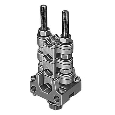 Eine industrielle, mechanische Komponente mit zwei hervorstehenden Schrauben. Sie weist mehrere Schichten und Verbindungen auf.