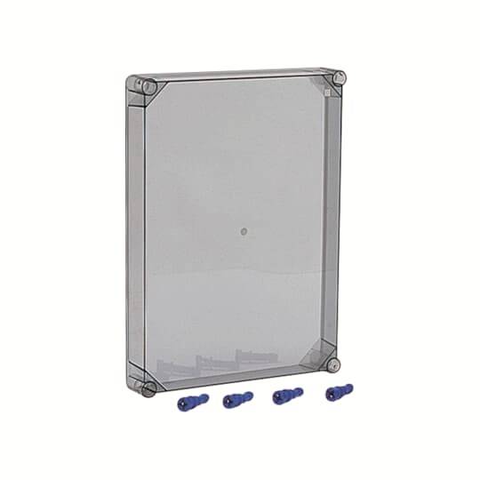 Transparente Kunststoffabdeckung mit vier blauen Schrauben. Geeignet für Schutzgehäuse in elektrischen Anwendungen.