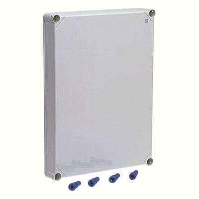 Rechteckiger, weißer Verteilerkasten mit vier blauen Anschlussklemmen darunter.