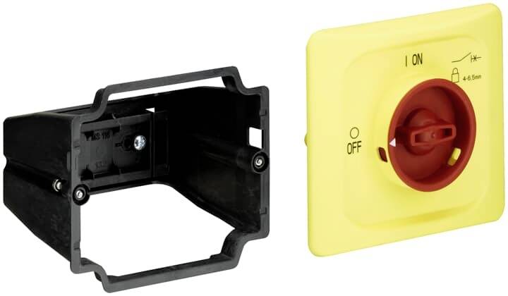 Schalterelement mit gelber quadratischer Platte und rotem Drehschalter. Markierungen 'OFF' und 'ON' zeigen den Schaltstatus an.