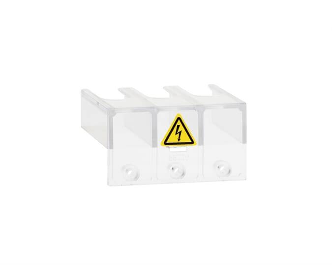 Durchsichtige Abdeckung mit gelbem Warnsymbol für elektrische Spannung, drei Steckplätze sichtbar.