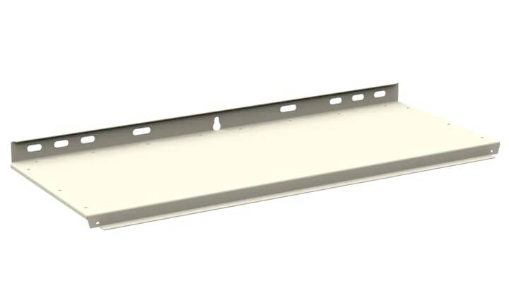 Ein schlichtes, rechteckiges Regalbrett aus Metall mit angebrachter Halterung zur Wandmontage. Ideal zur Aufbewahrung.