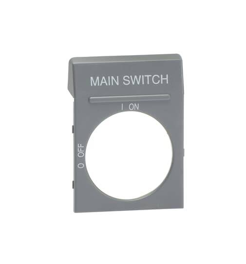 Graues Kunststoffschild mit der Aufschrift 'MAIN SWITCH'. Kreisförmiger Ausschnitt in der Mitte, an den Seiten 'ON' und 'OFF' markiert.