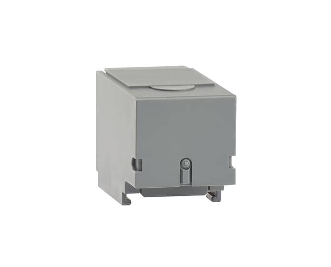 Graues, quadratisches Kunststoffmodul mit abgerundeten Kanten, möglicherweise Teil eines elektronischen Geräts oder Schalters.