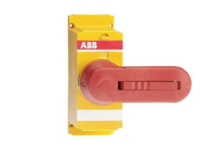 Gelber und roter Not-Aus-Schalter an einer Wand montiert, mit Marke 'ABB' sichtbar. Hauptsächlich für Sicherheitszwecke verwendet.