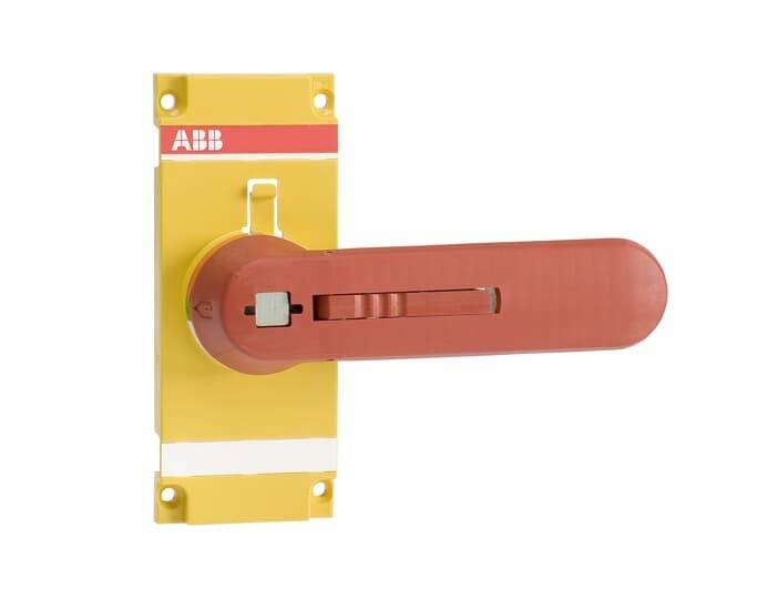 Roter ABB-Lasttrennschalter auf gelbem Hintergrund. Verwendet zur sicheren Unterbrechung und Trennung von Stromkreisen.
