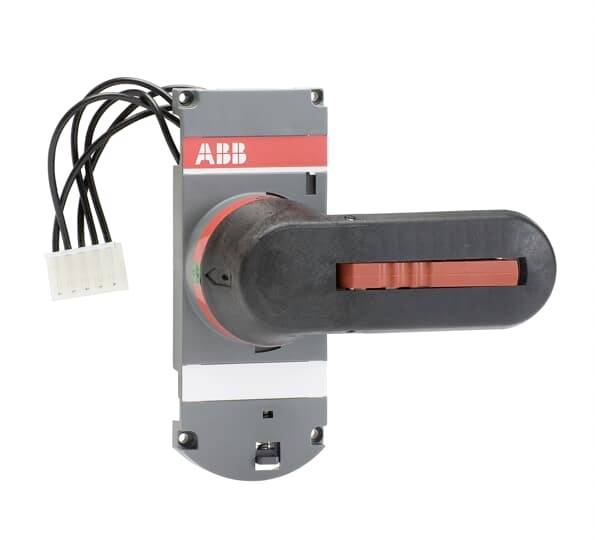 ABB Schalter mit schwarzem Hebel und roten Akzenten, Kabelanschlüsse sichtbar. Gerät sichtbar markiert mit 'ABB'.