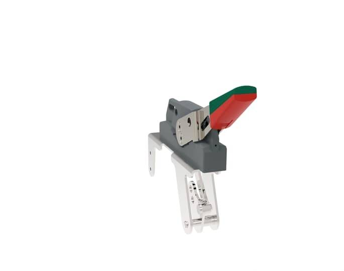 Hebelarm aus Metall und Kunststoff, montiert auf einer Halterung. Der Hebel ist rot-grün gefärbt und kann nach oben oder unten bewegt werden.