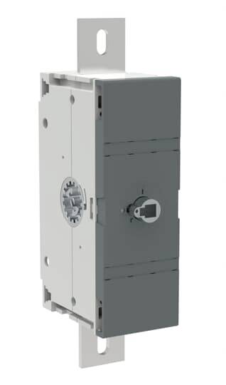 Grau-weißer elektrischer Schalter, vertikal montiert, mit Schlossmechanismus in der Mitte, für industrielle Anwendungen.