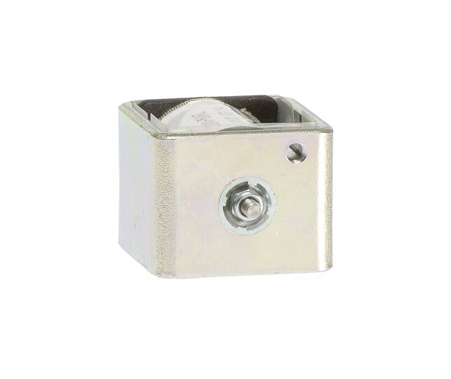 Ein rechteckiger Metallblock mit einer zentralen Schraube an der Vorderseite, möglicherweise Teil eines Maschinen- oder Gerätekomponenten.