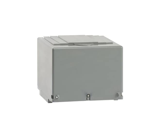 Ein graues, rechteckiges, elektrisches Gehäuse mit abnehmbarer Abdeckung, für den Schutz von elektronischen Komponenten.