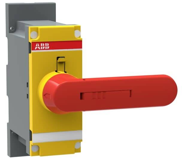 Gelber und grauer ABB-Schalter mit rotem Hebel, montiert an einer Wand.