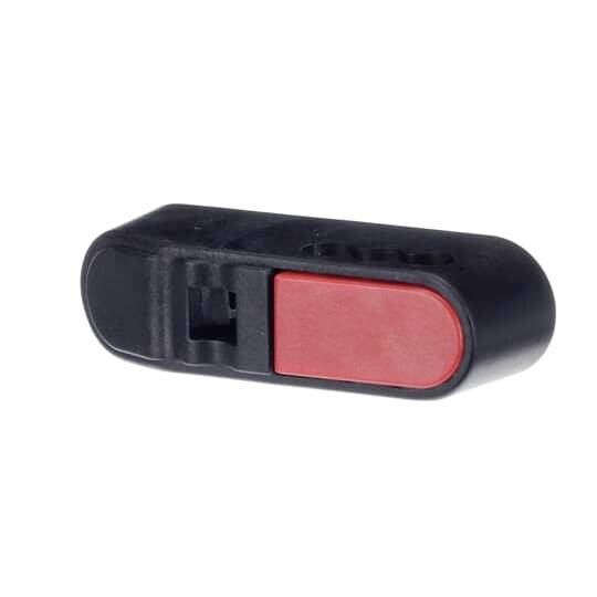 Schwarz-rotes Kippschaltermodul, geeignet für Elektrogeräte. Rechteckige Form, ein roter Bereich dient als Schaltergriff.