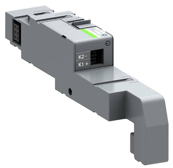 Ein graues elektrisches Modul mit zwei markierten Anschlüssen 'K2' und 'K1+'. Es ist für den Einsatz in Schaltschrankanwendungen konzipiert.