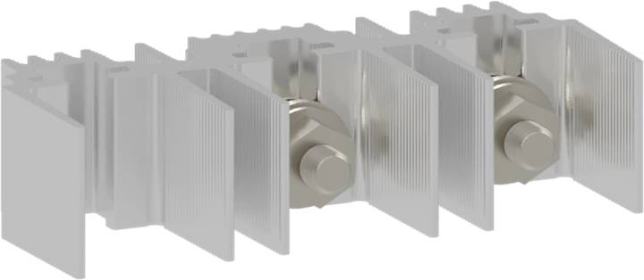 Ein silberfarbener Kühlkörper mit drei parallel angeordneten Rippen und zentralen Schraubanschlüssen, wahrscheinlich für Elektronik verwendet.
