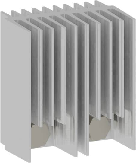 Kühlkörper mit mehreren Rippen zur Wärmeableitung, graue Metallstruktur, industrielles Design zur effizienten Temperaturkontrolle.