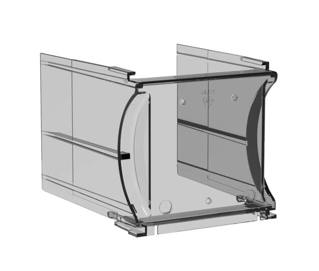 Ein transparentes, rechteckiges Kunststoffverbindungsteil mit abgerundeten Ecken und glatten Oberflächen; möglicherweise Bestandteil eines größeren Systems.