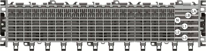 Elektrische Anschlussleiste mit mehreren Klemmen, beschriftet mit 'LA', 'LB', 'N', 'L1', 'L2', 'L3' zur Identifizierung der Leiter.