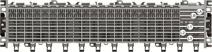 Rückansicht eines technischen Geräts mit einem rechteckigen Gittermuster und Steckverbindungen, beschriftet mit 'L1', 'L2', 'L3', 'LA', 'LB'.