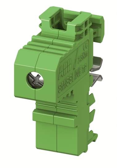 Grüner elektrischer Anschlussblock mit Schraubbefestigung, geeignet für elektrische Verdrahtungssysteme.