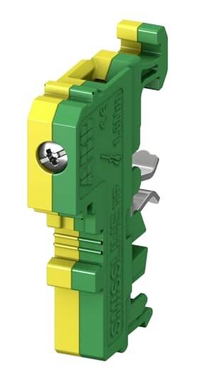 Ein gelb-grüner, schmaler, vertikaler Elektroanschluss mit Schraube. Hauptsächlich für Erdungszwecke verwendet.