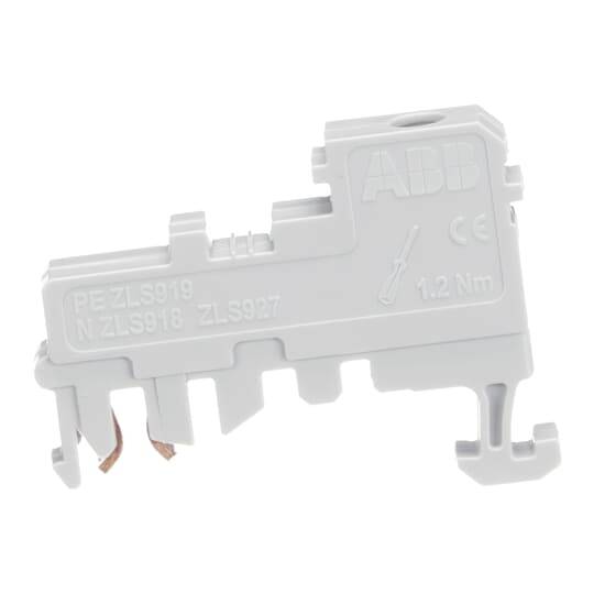 Ein grauer ABB Klemmenblock mit Aufdruck '1.2 Nm', aus Kunststoff mit Kupferverbindungen, zur elektrischen Verbindung in Schalttafeln.