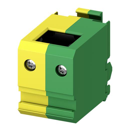 Ein gelb-grüner isolierter Block mit sichtbaren Schrauben, möglicherweise ein elektrisches Anschlussstück oder Terminalblock.