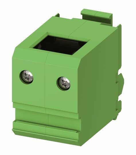 Grüner elektrischer Steckverbinder mit zwei sichtbaren Schrauben, geeignet für Leiterplattenmontage.