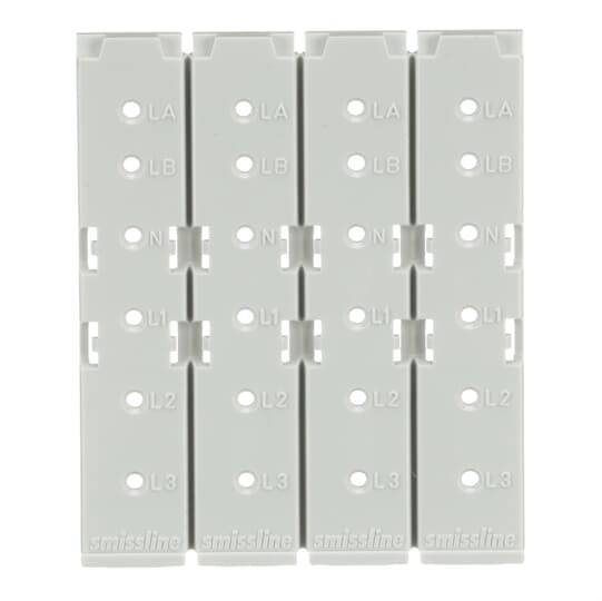 Die Abbildung zeigt eine graue, vertikale Schaltleiste mit mehreren Anschlusspunkten, beschriftet mit 'L1', 'L2', 'L3', 'N', 'LA', 'LB'.