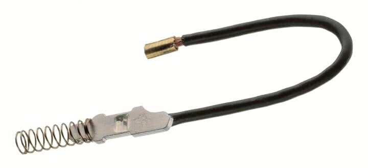 Ein einzelner Flexonics Electronic Bellows Heizelement mit einem flexiblen Kabel und einer Spiralfeder für präzise Temperaturregelung.