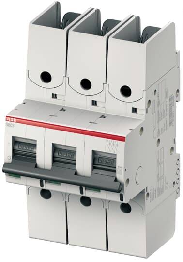 Dreipoliger Leitungsschutzschalter von ABB, Modell S803, mit schwarzem Hebel und roter Linie an der Oberseite.