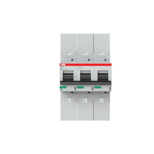 'ABB 2CSM277232R1024 S203P-K32' Fi Sicherung (32A, 10kA) für Dreiphasenstrom mit drei Kippschaltern, grau, zeigt grüne Fenster an.