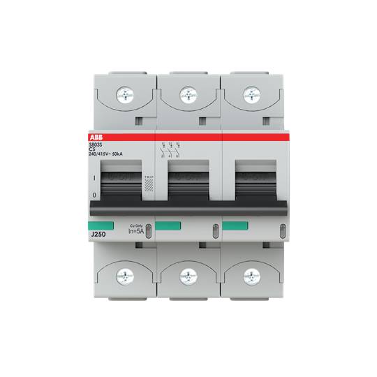 Schütz mit drei Polen von ABB, Modell S803S, C 63, zur Steuerung von elektrischen Stromkreisen, gezeigt in Vorderansicht.