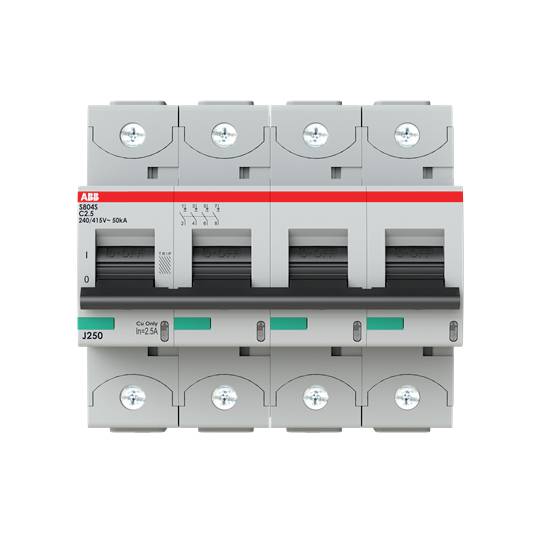 Ein ABB-Leistungsschalter mit schwarzem Schaltknopf und grünen Markierungen. Modell C25, geeignet für 400/415V, 50A.