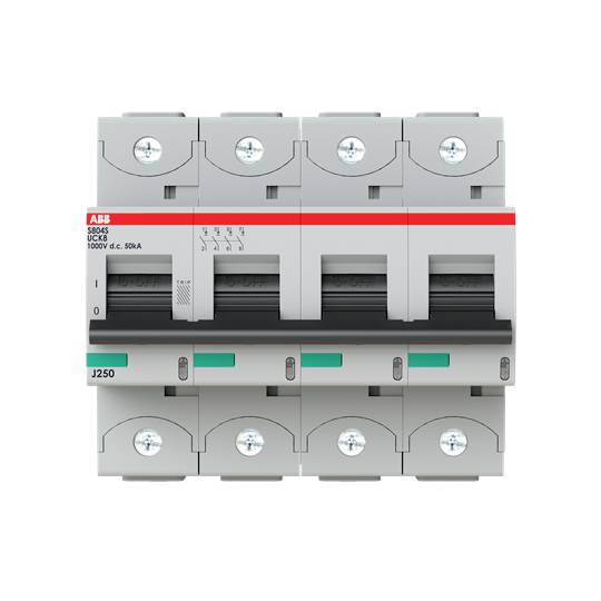 Ein vierpoliger Leitungsschutzschalter der Marke ABB, Modell S804S UC, ausgelegt für 1000V und 50kA, in grauer und schwarzer Farbe.