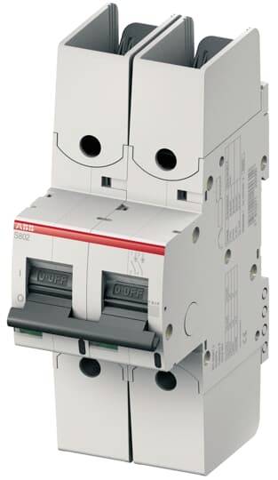 Ein zweipoliger Leitungsschutzschalter in grau mit roten und schwarzen Markierungen, geeignet für den Einsatz in elektrischen Verteileranlagen.