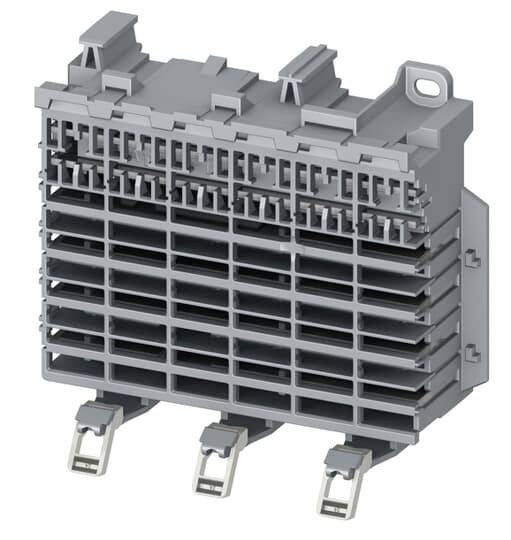 Ein graues, rechteckiges elektronisches Bauteil mit mehreren horizontalen und vertikalen Schlitzen und drei Metallanschlüssen am unteren Rand.
