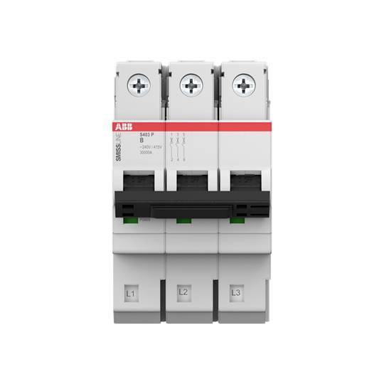 Dreipoliger Leitungsschutzschalter mit Aufschrift 'ABB'. Drei Hebel mit Bezeichnungen L1, L2, L3. Einsatz zur Stromkreisunterbrechung.
