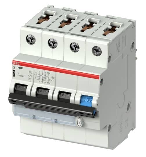 Ein vierpoliger FI-Schutzschalter mit blauem 'Off'-Schalter, geeignet für elektrische Sicherungssysteme, auf einer weißen Oberfläche.