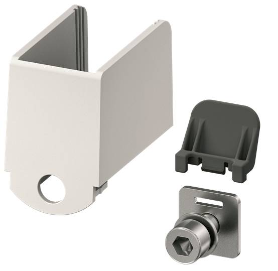 Illustration von drei Bauteilen: eine U-förmige Klemme, eine schwarze Abdeckung und eine sechseckige Schraube mit quadratischem Sockel.