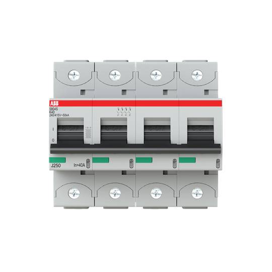 Ein vierspuriger Leistungsschalter von ABB, Typ S802S, in einem grauen Gehäuse mit roter Linie oben. 40 A Stromstärke.